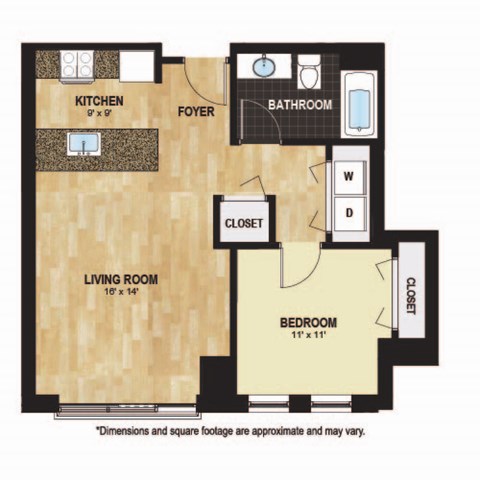 Floor plan for 1 bed, 1 bath, 701 sqft